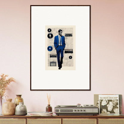 Framed surreal Greeting Reverieonaut art with figure in blue suit and vintage audio gear