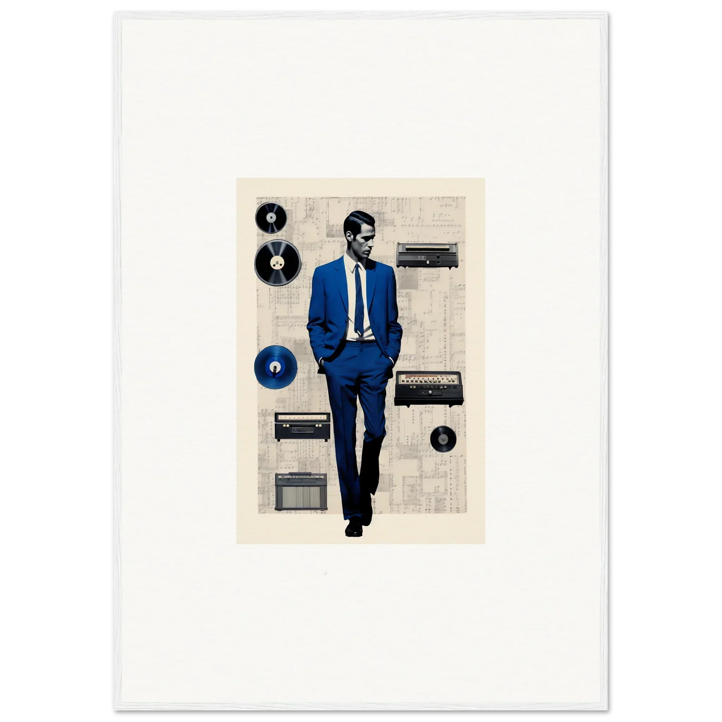 Stylized art of a figure in a blue suit with vintage audio gear from Surreal Greeting Reverieonaut