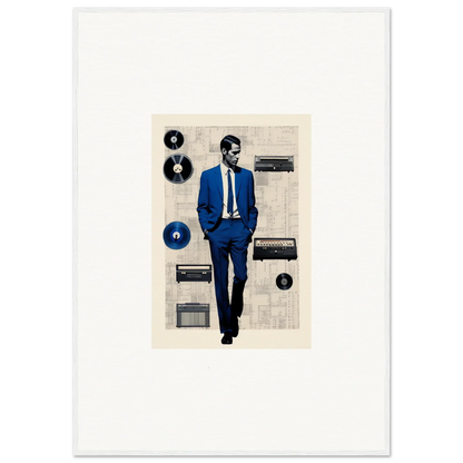 Stylized art of a figure in a blue suit with vintage audio gear from Surreal Greeting Reverieonaut