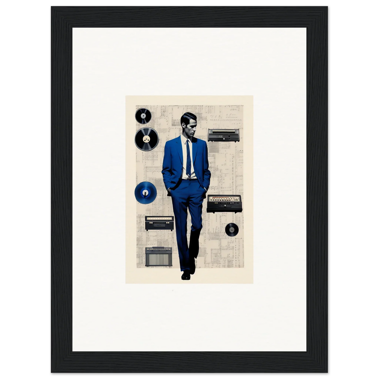 Stylized illustration of a figure in a blue suit with vintage radios from Surreal Greeting Reverieonaut