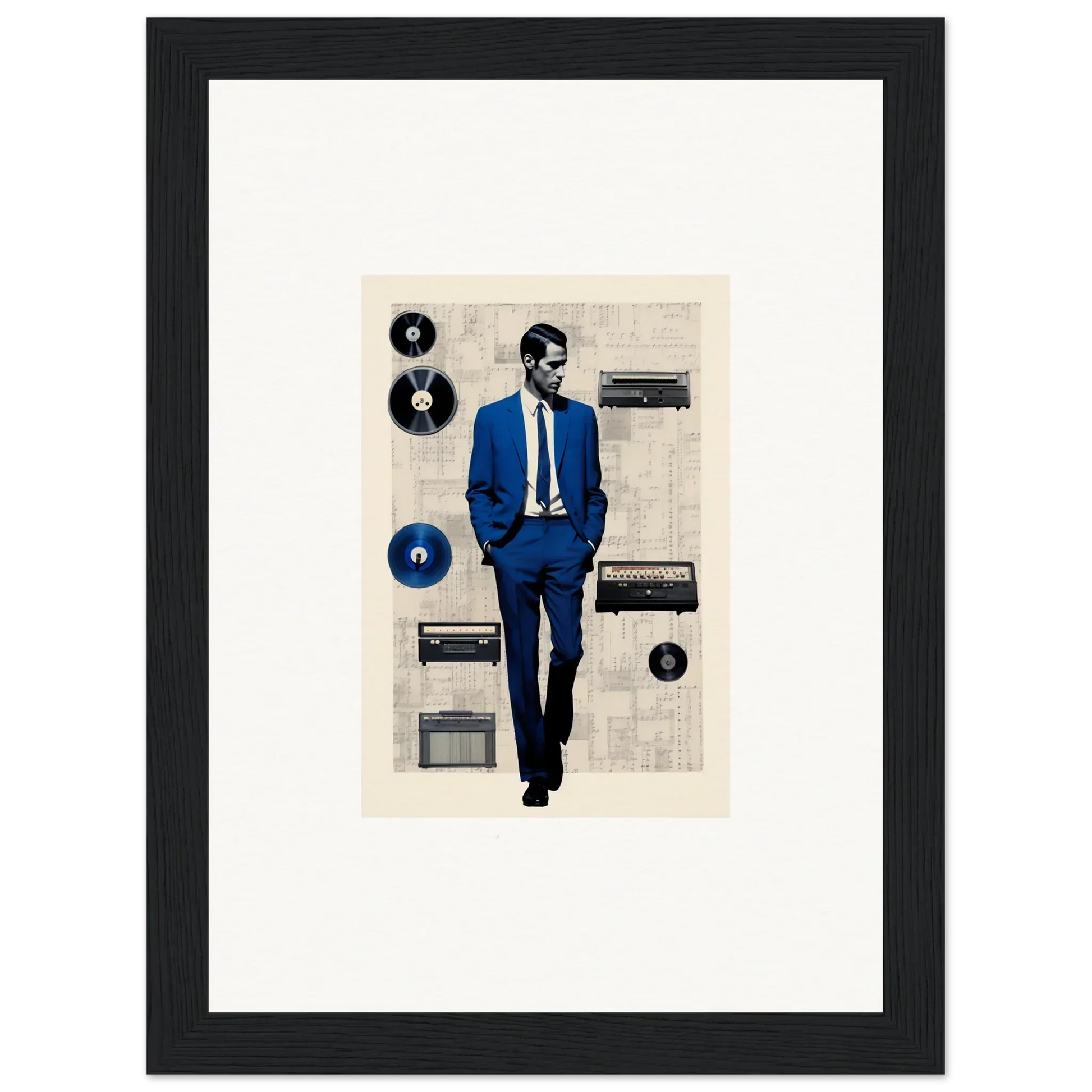 Stylized illustration of a figure in a blue suit with vintage radios from Surreal Greeting Reverieonaut