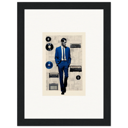 Stylized illustration of a figure in a blue suit with vintage radios from Surreal Greeting Reverieonaut