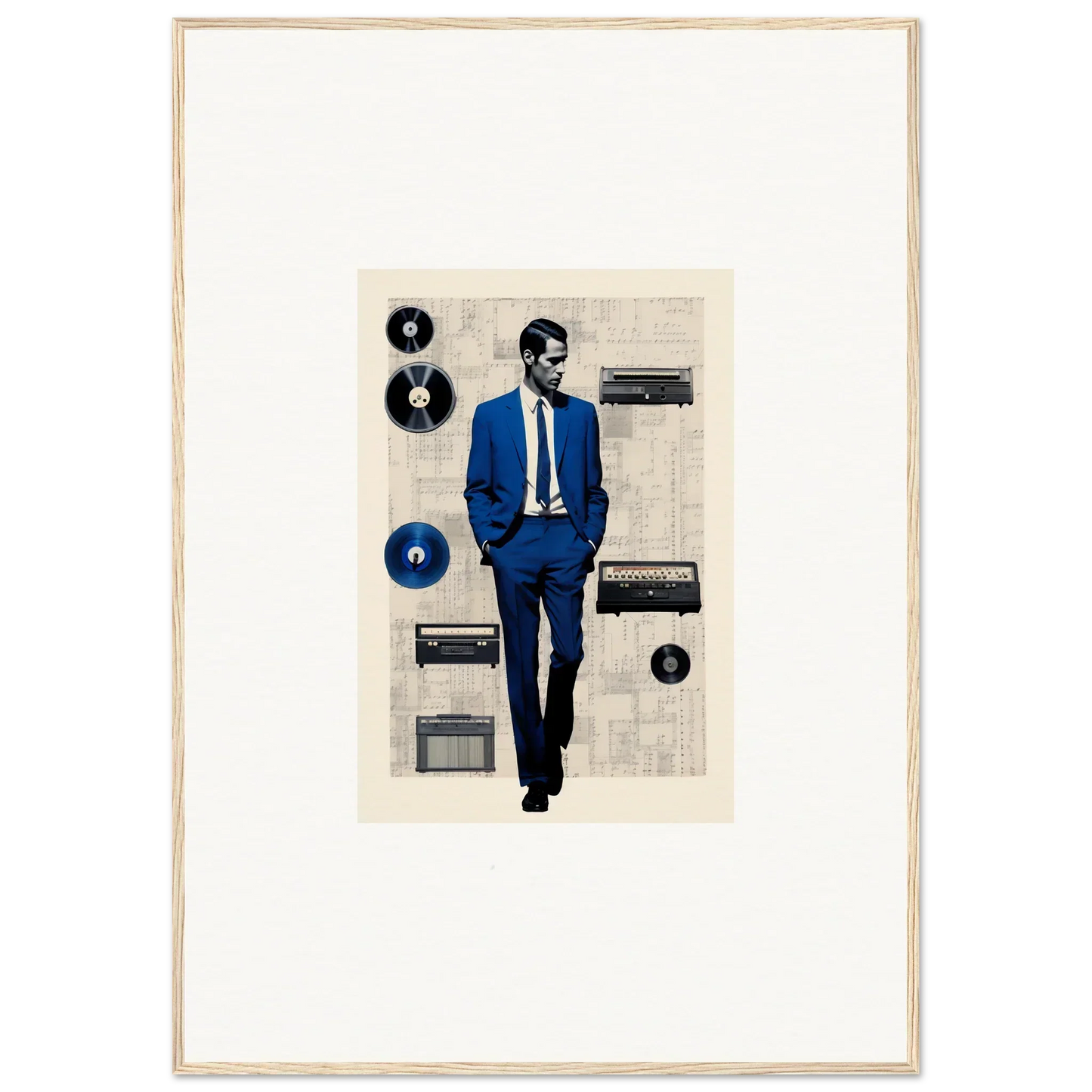 Figure in blue suit with vinyl records and stereo in Surreal Greeting Reverieonaut art