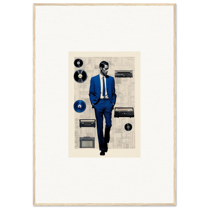 Figure in blue suit with vinyl records and stereo in Surreal Greeting Reverieonaut art