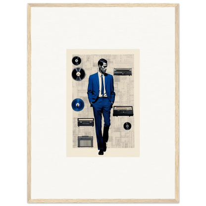 Framed Surreal Greeting Reverieonaut artwork of a figure in a blue suit and vintage audio gear