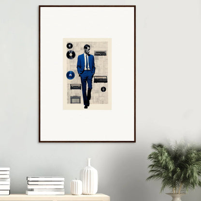 Framed Surreal Greeting Reverieonaut artwork with a figure in a blue suit and geometric design