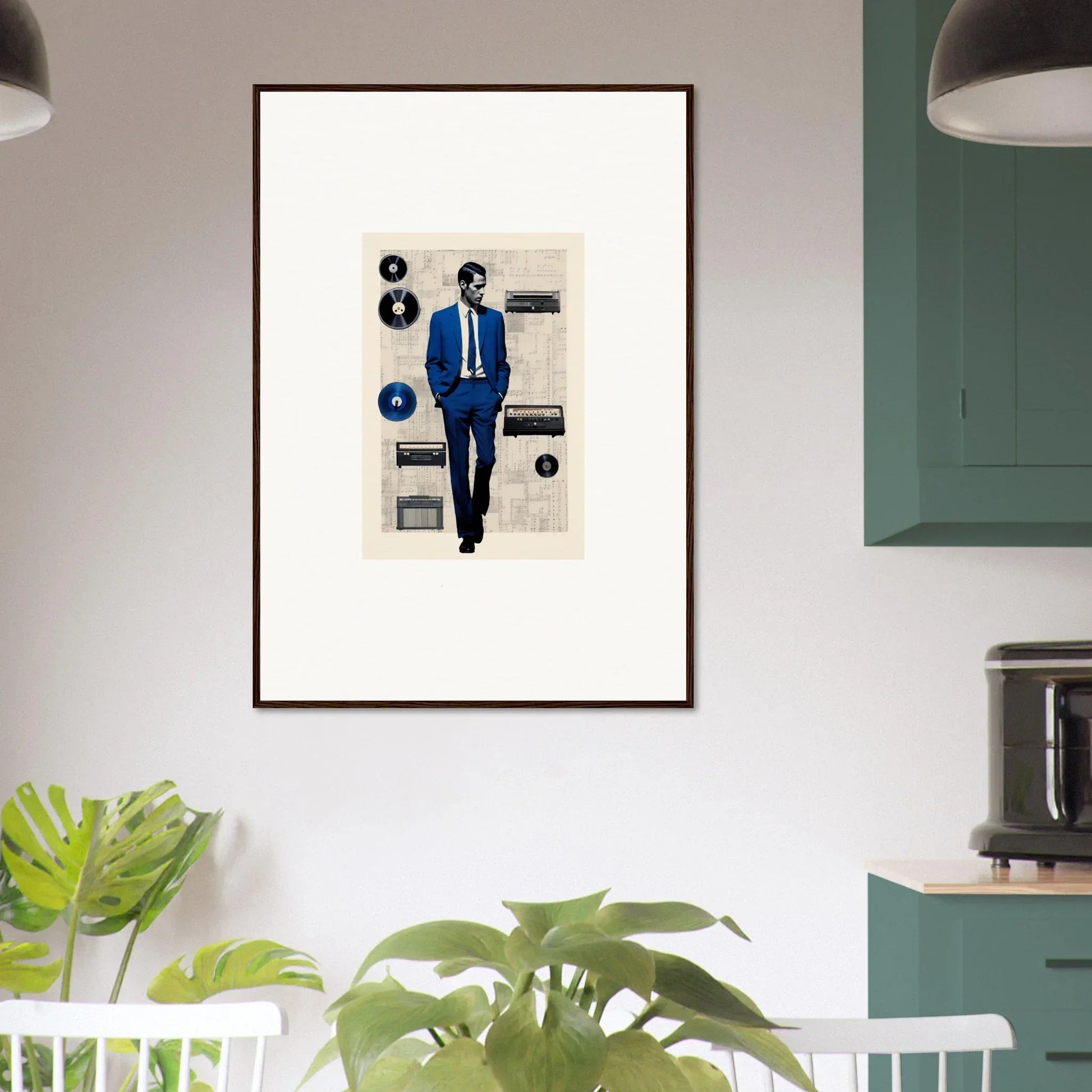 Framed minimalist art of a figure in a blue suit from Surreal Greeting Reverieonaut