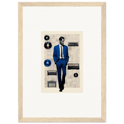 Framed Surreal Greeting Reverieonaut art features a figure in a blue suit with vintage audio