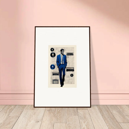 Framed Surreal Greeting Reverieonaut art of a figure in a blue suit with vinyl records