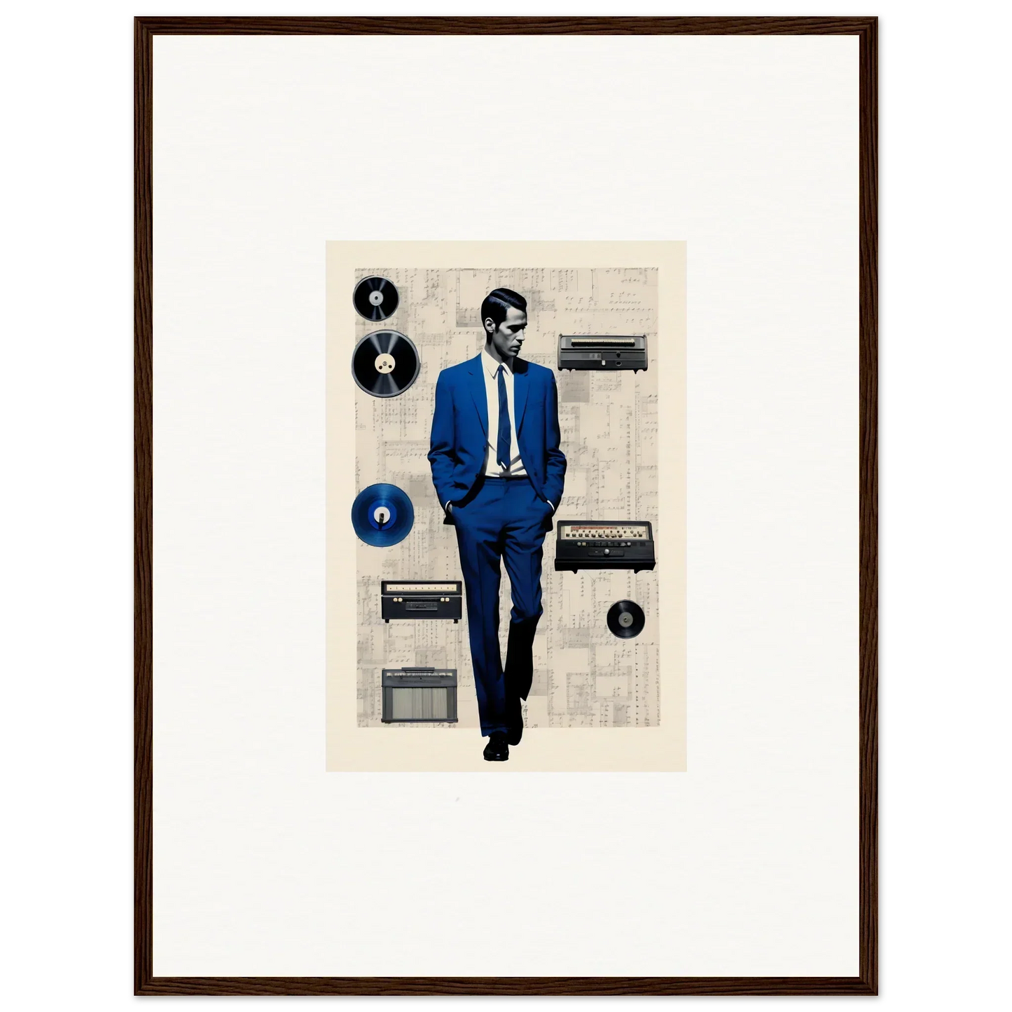 A figure in a blue suit strolls with vintage radios in Surreal Greeting Reverieonaut