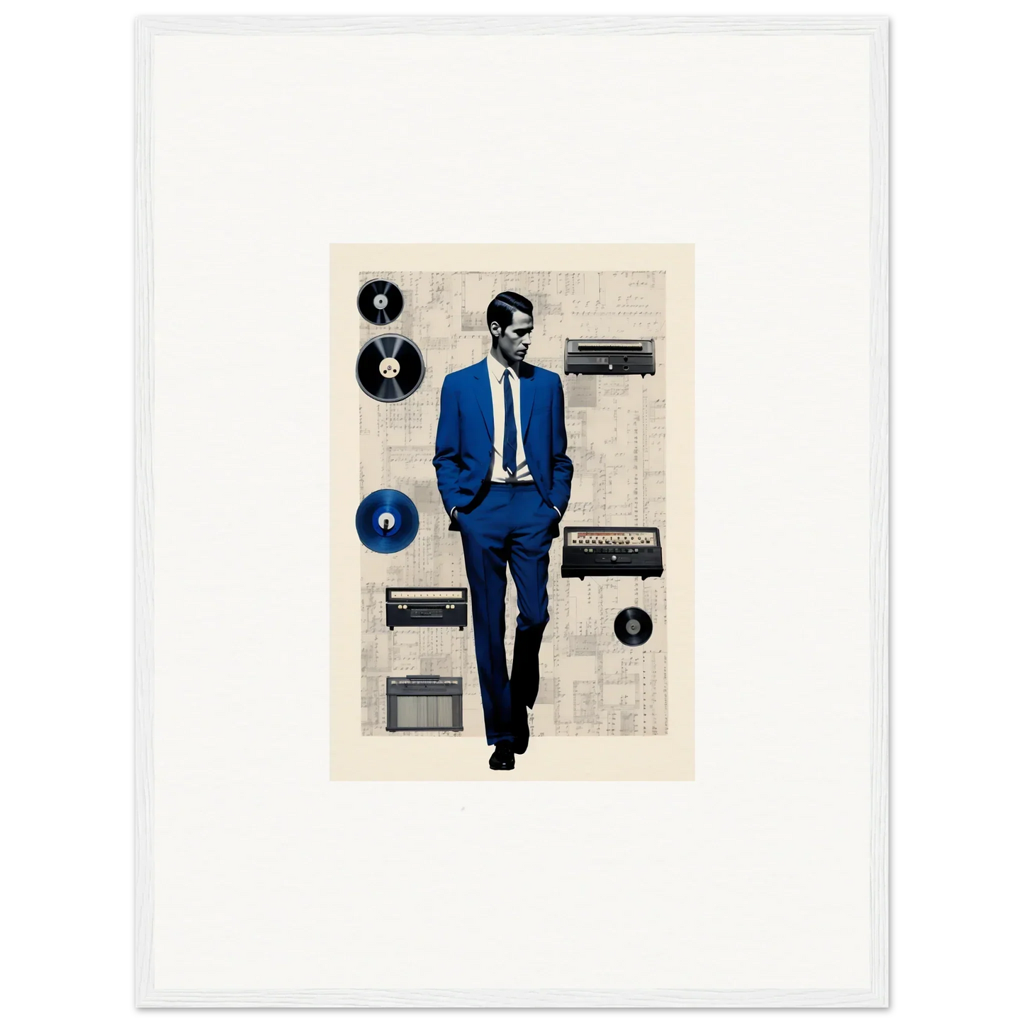 Stylized figure in blue suit walking through vintage audio gear in Surreal Greeting Reverieonaut