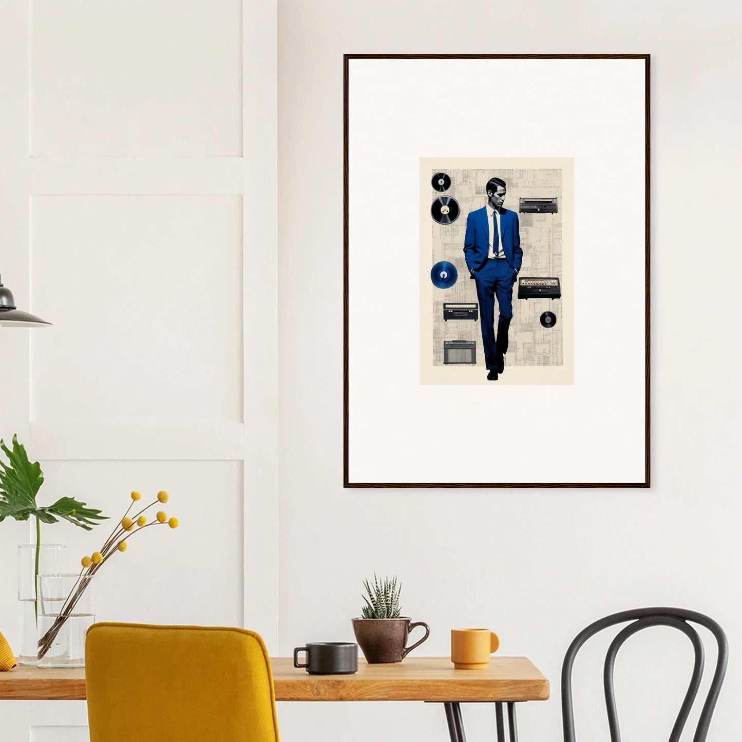 Framed Surreal Greeting Reverieonaut artwork featuring a figure in a blue suit with vinyl