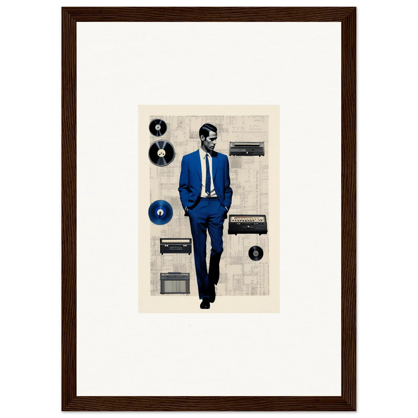 Stylized art of a figure in a blue suit with vintage audio gear for Surreal Greeting Reverieonaut