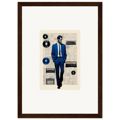 Stylized art of a figure in a blue suit with vintage audio gear for Surreal Greeting Reverieonaut