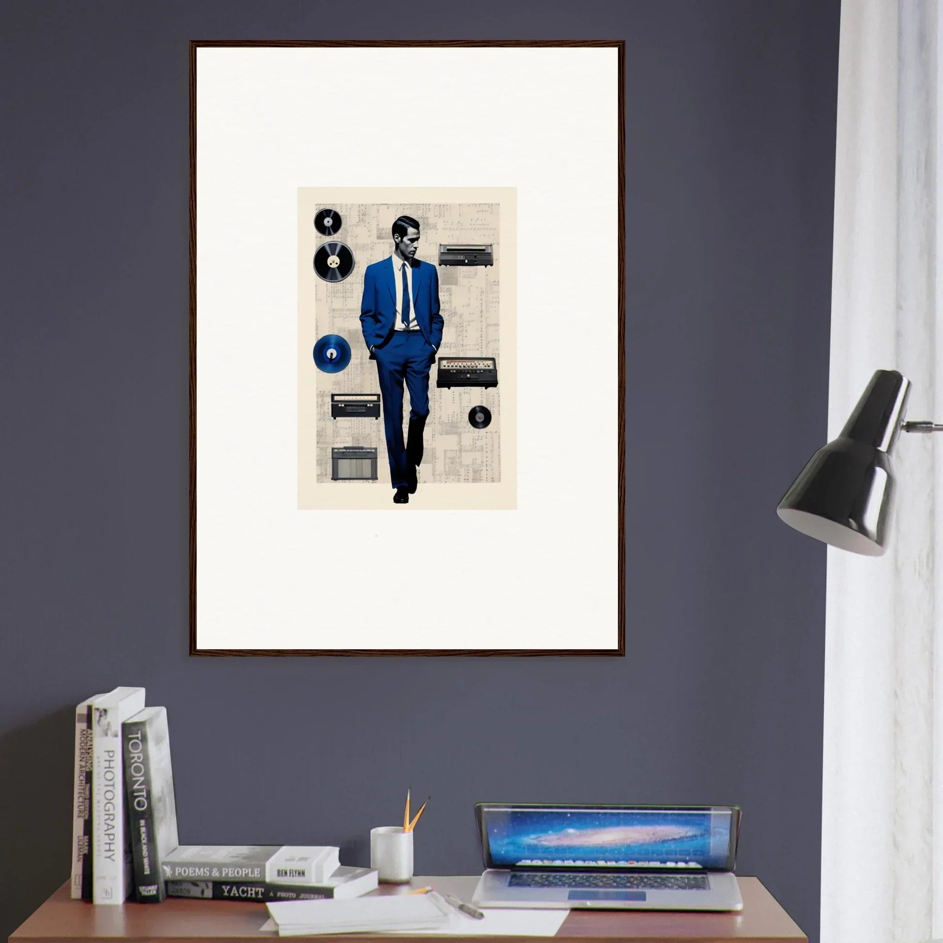 Framed Surreal Greeting Reverieonaut artwork with figure in blue suit on light background