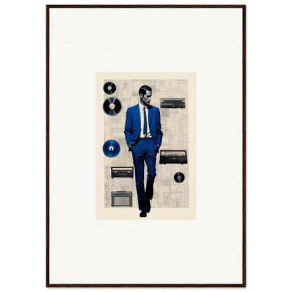 A figure in a blue suit strolling through vintage audio gear in Surreal Greeting Reverieonaut