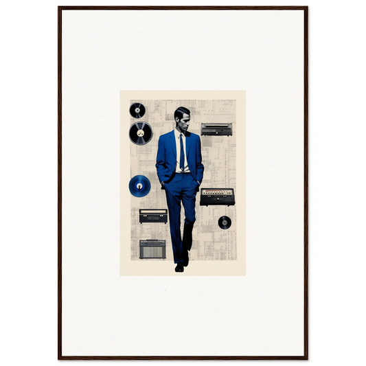 A figure in a blue suit strolling through vintage audio gear in Surreal Greeting Reverieonaut