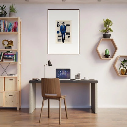 Modern home office with dark desk and wooden chair inspired by Surreal Greeting Reverieonaut