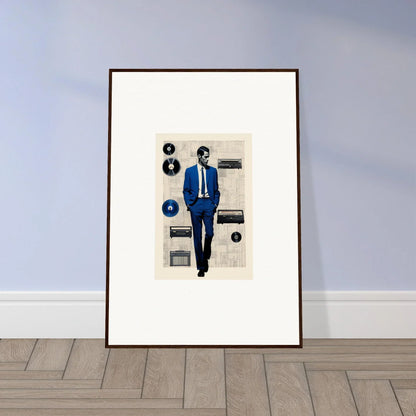 Framed Surreal Greeting Reverieonaut art with a figure in a blue suit and vinyl records