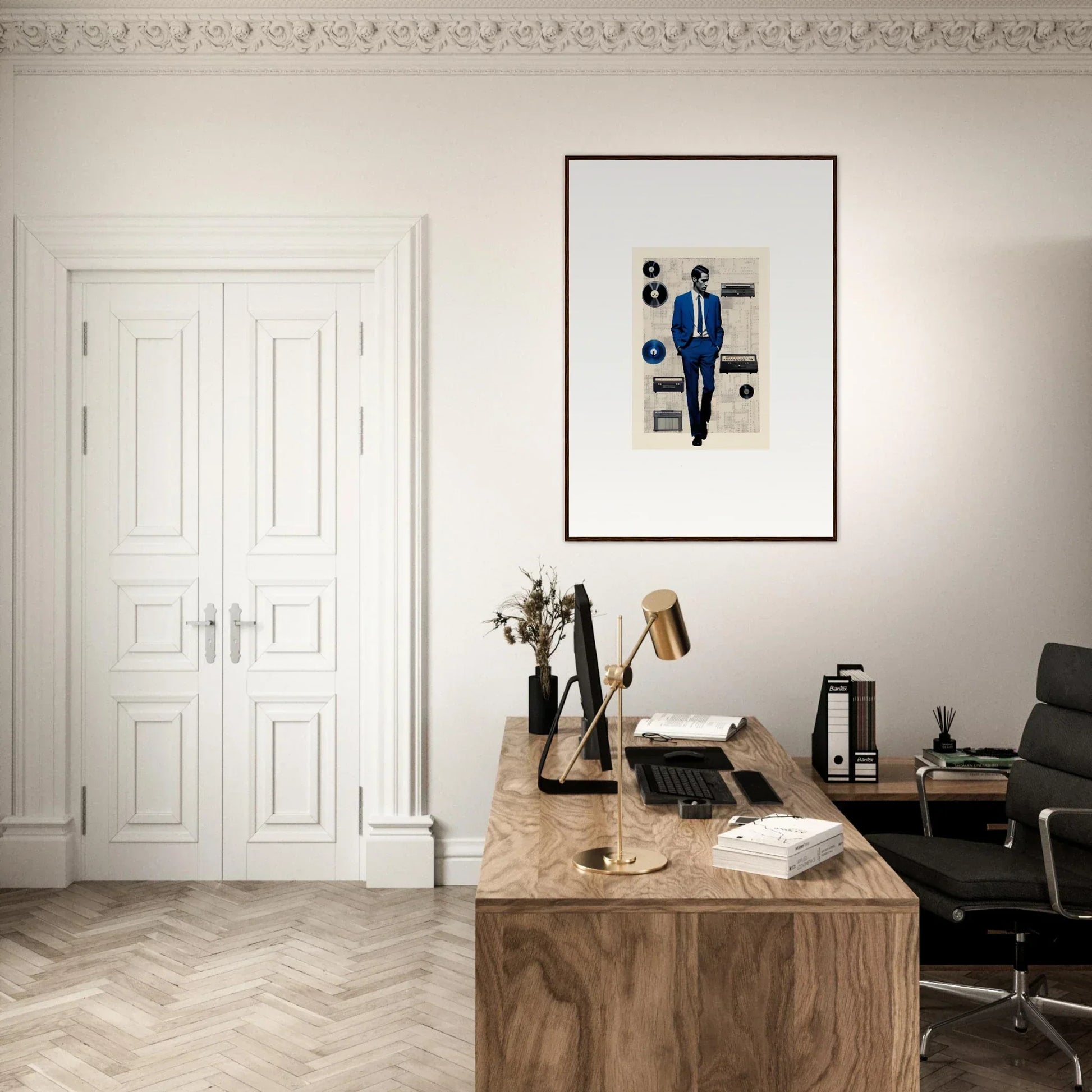 A minimalist home office with a wooden desk and vintage typewriter for Surreal Greeting Reverieonaut