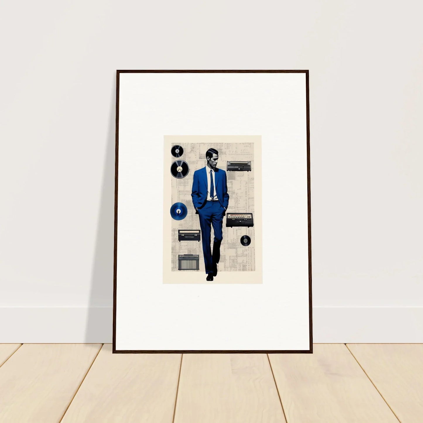 Framed Surreal Greeting Reverieonaut artwork of a figure in a blue suit with vinyl records