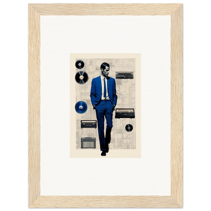 Framed Surreal Greeting Reverieonaut art of a figure in a blue suit with vintage audio gear