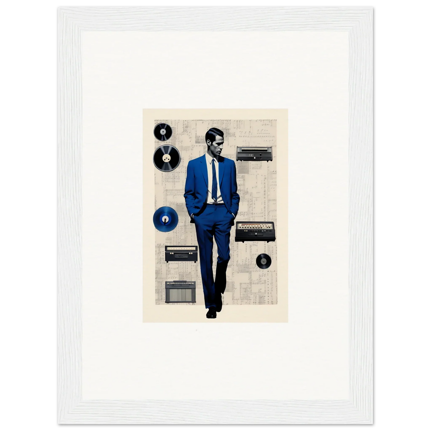 Stylized figure in blue suit and yellow tie with vintage audio gear in Surreal Greeting Reverieonaut