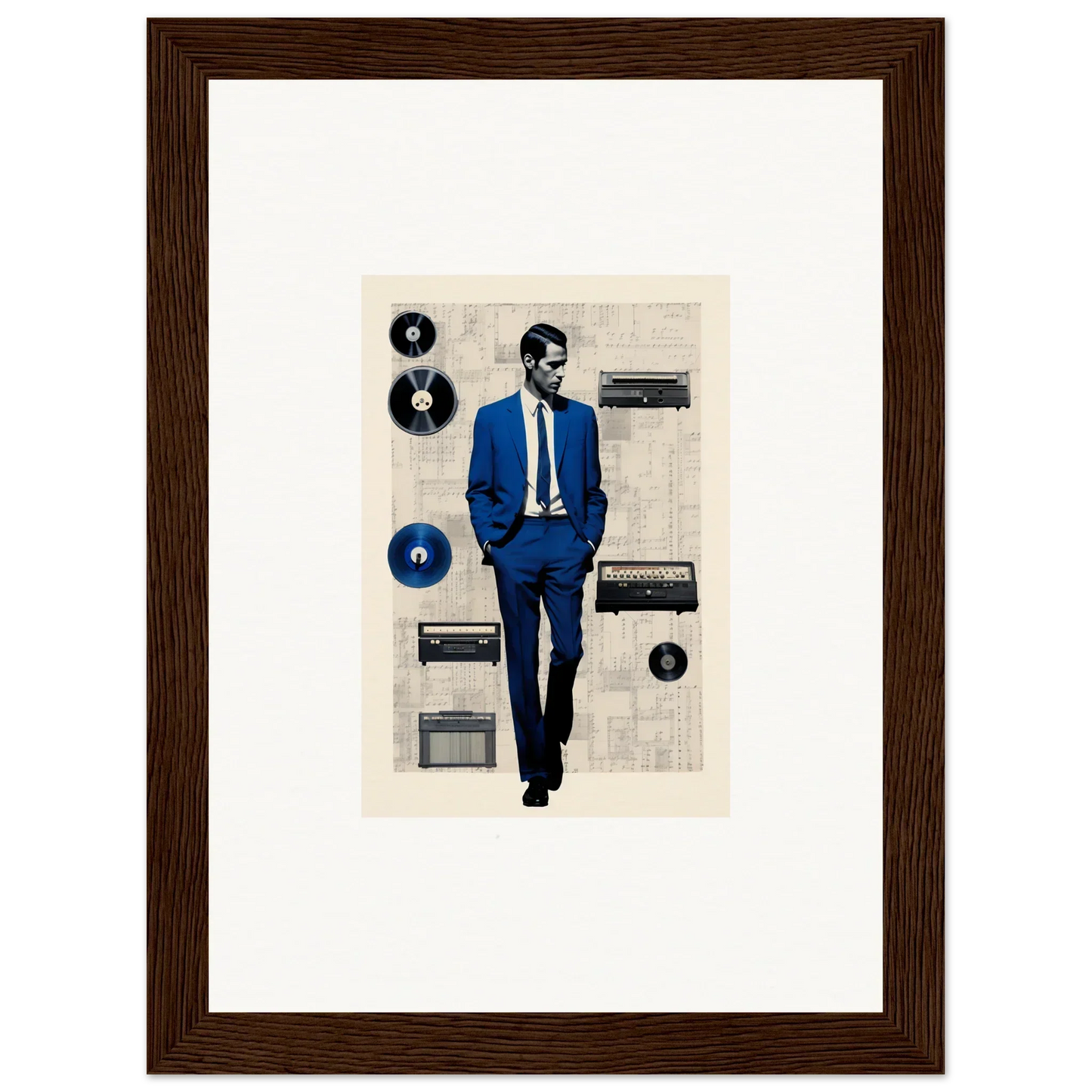 Framed Surreal Greeting Reverieonaut art with a figure in a blue suit and vintage audio gear