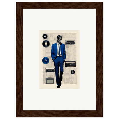 Framed Surreal Greeting Reverieonaut art with a figure in a blue suit and vintage audio gear