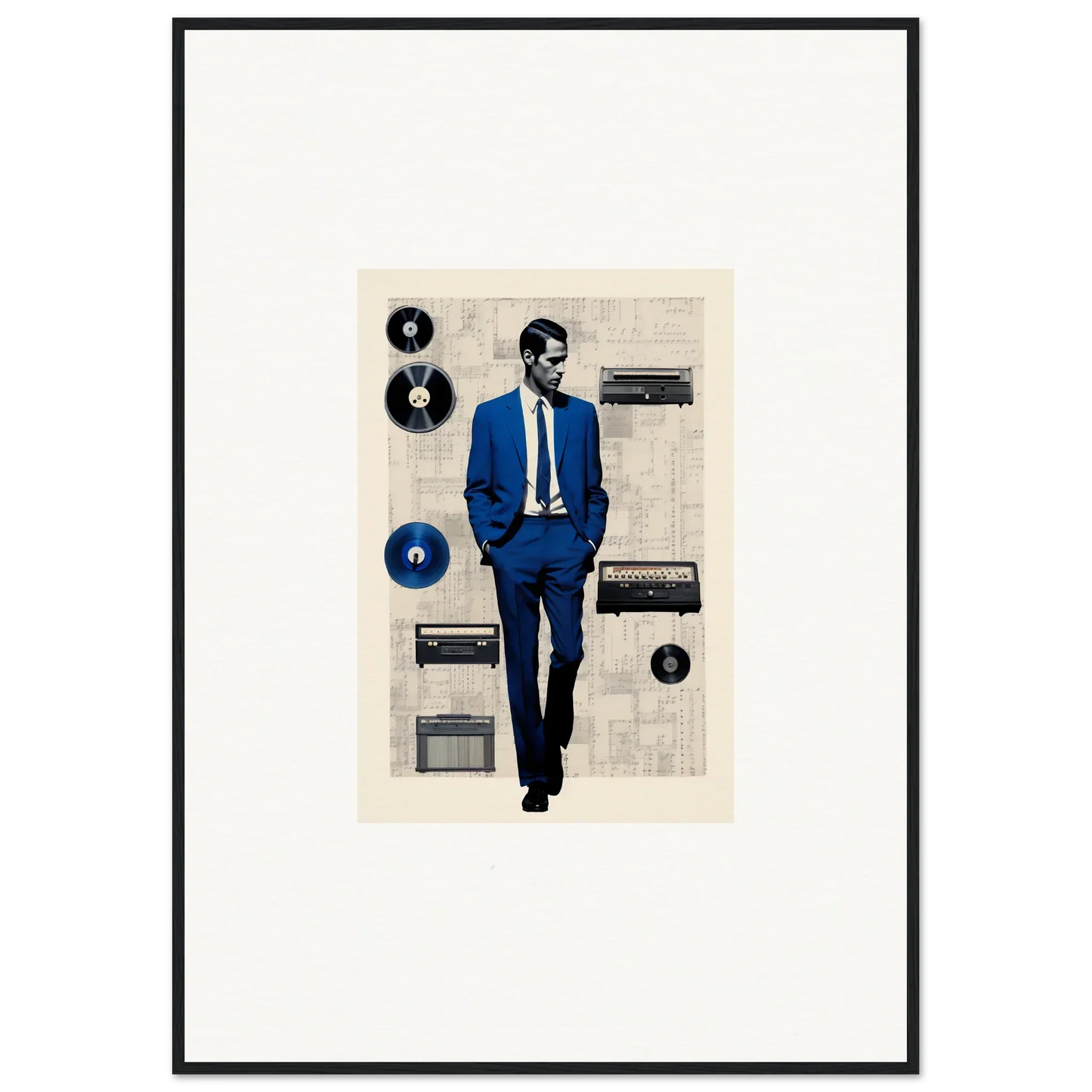 A figure in a blue suit strolling among vintage audio gear in Surreal Greeting Reverieonaut