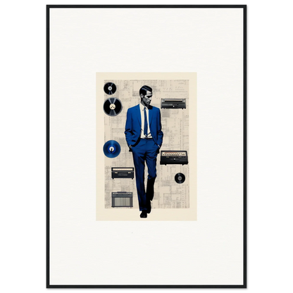 A figure in a blue suit strolling among vintage audio gear in Surreal Greeting Reverieonaut