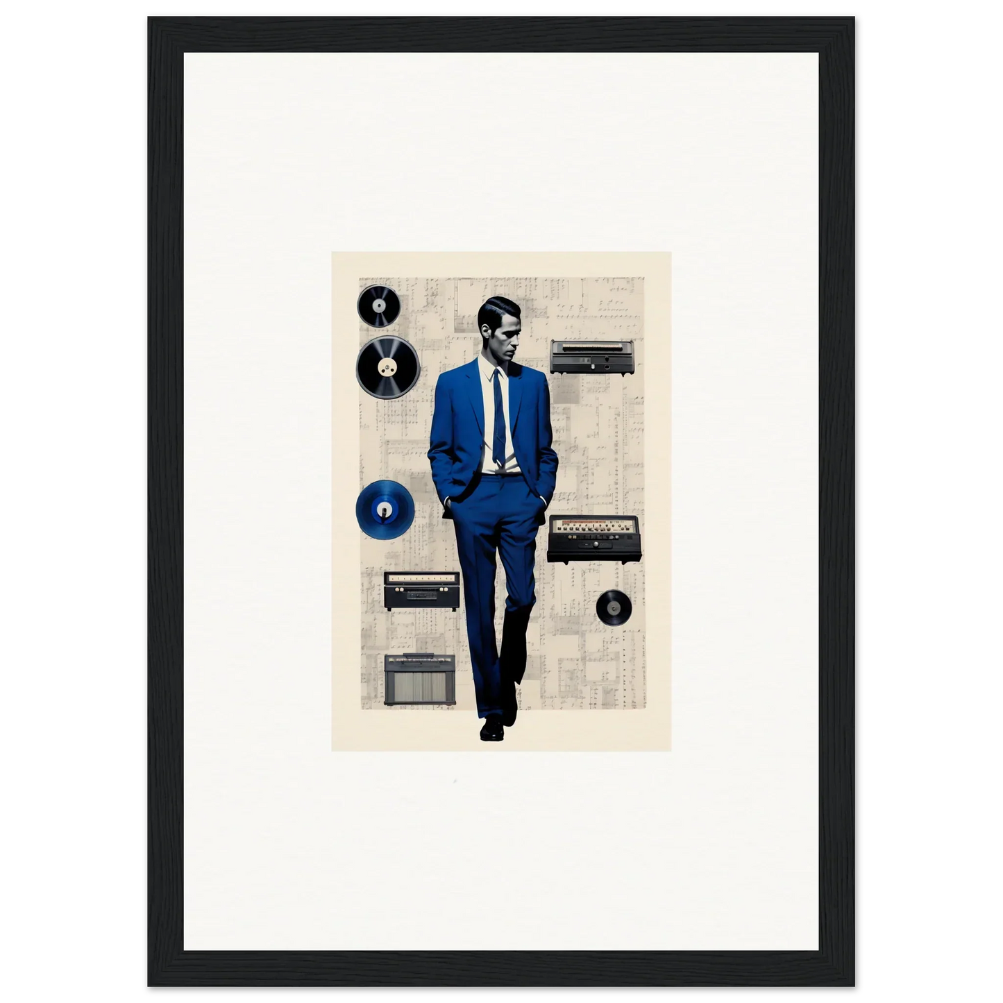 Stylized figure in blue suit with vintage audio gear from Surreal Greeting Reverieonaut