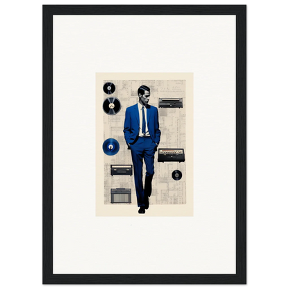 Stylized figure in blue suit with vintage audio gear from Surreal Greeting Reverieonaut