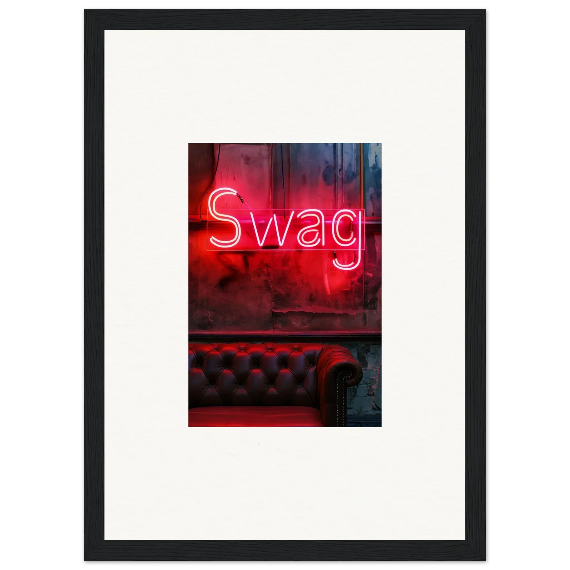 Neon red Swag sign above tufted leather, perfect for room decoration or wall art