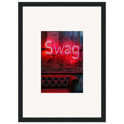 Neon red Swag sign above tufted leather, perfect for room decoration or wall art