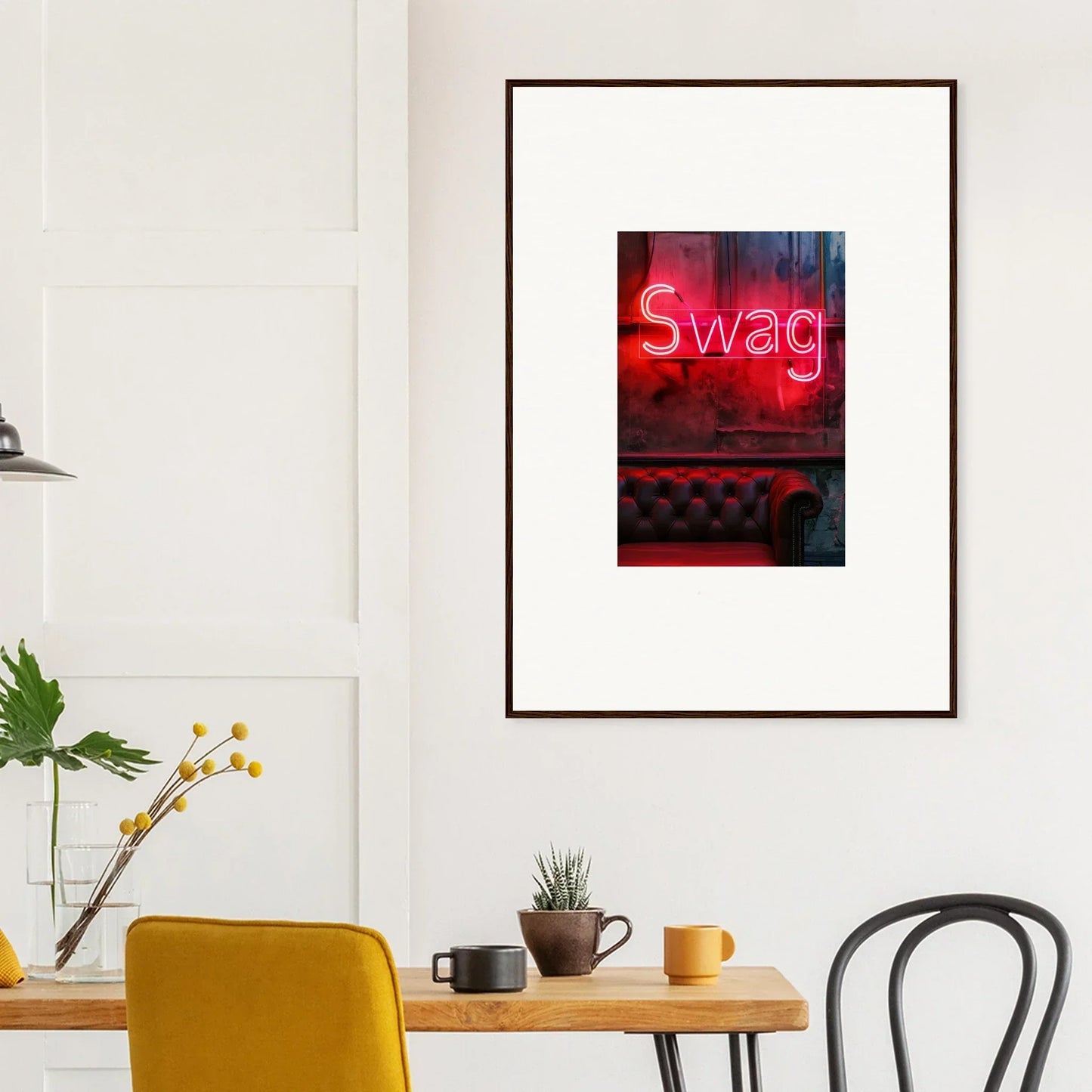 Framed wall art of a red neon Swag sign, perfect for cool room decoration