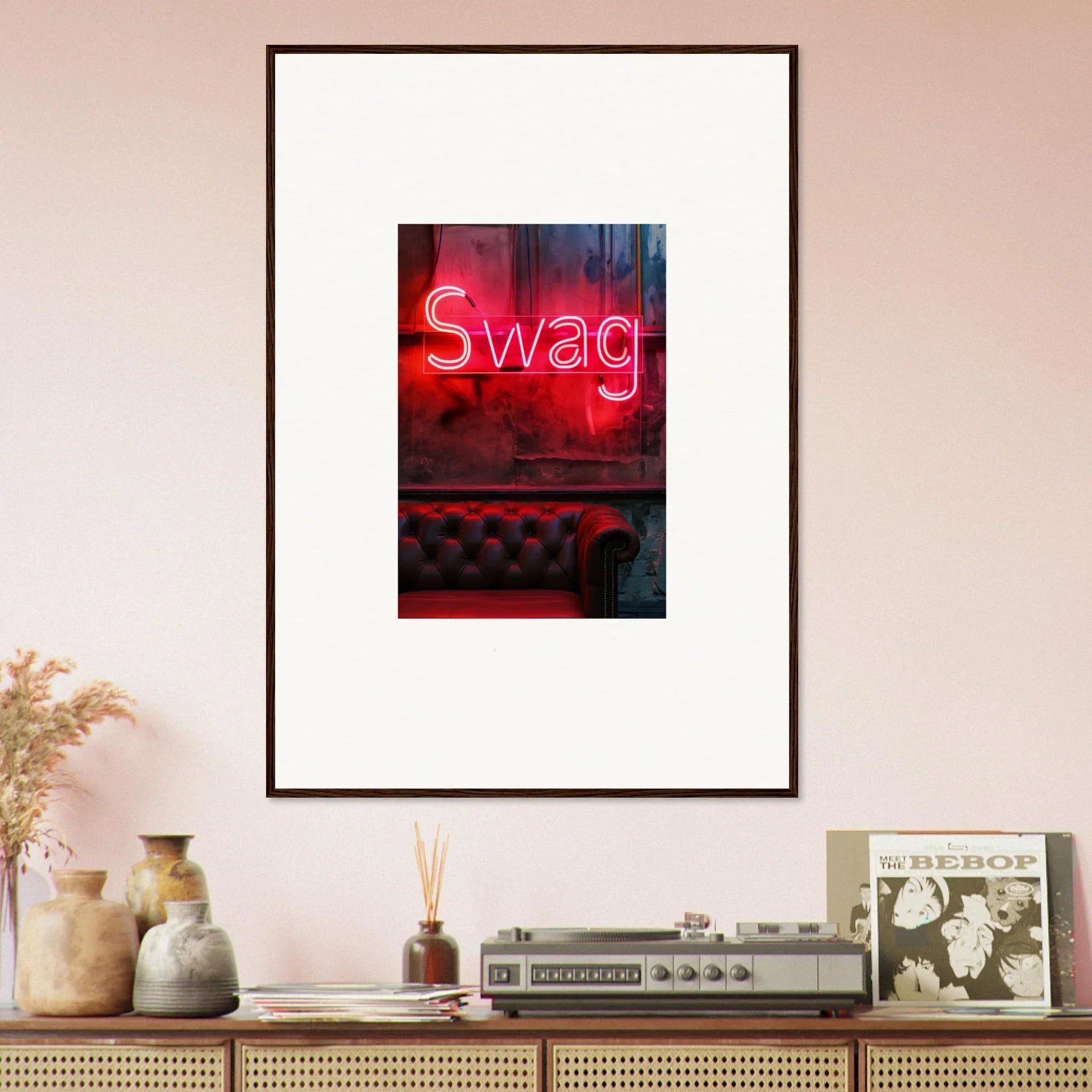 Neon Swag sign wall art above a chic tufted leather surface for trendy room decoration