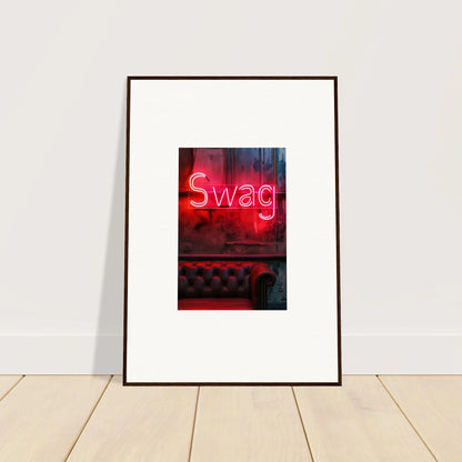 Framed neon Swag sign wall art above a leather couch for cool room decoration