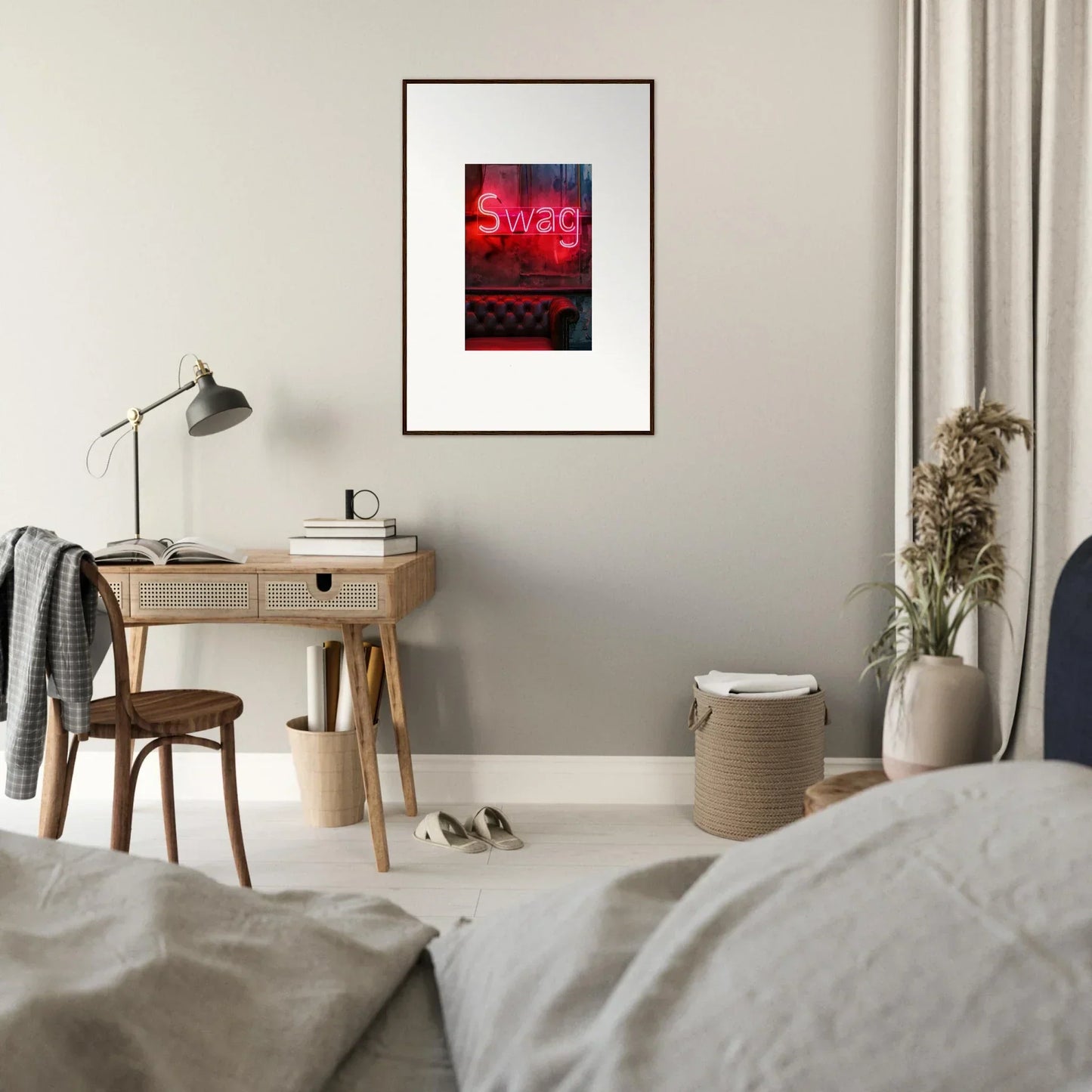 Framed wall art of a glowing red swag neon sign for cool room decoration