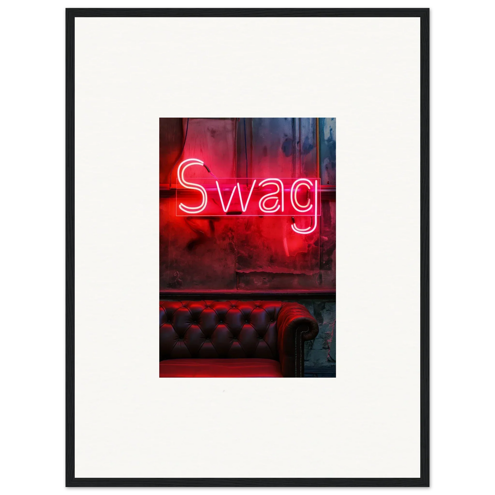 Neon red Swag sign above tufted leather, perfect for cool room decoration wall art