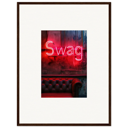 Neon red Swag sign over tufted leather, perfect for room decoration or wall art