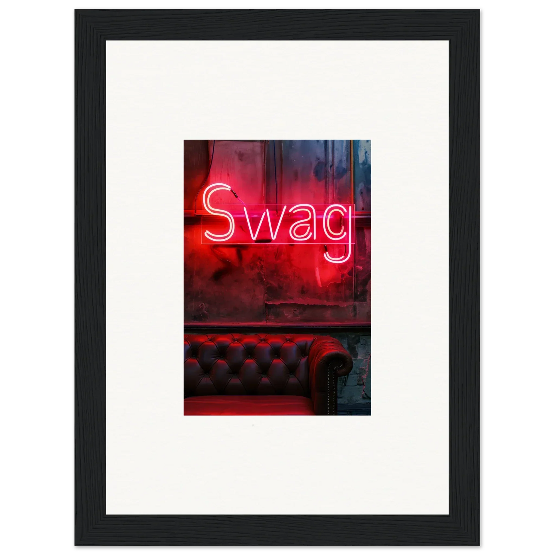 Neon red Swag sign above tufted leather, perfect for room decoration and wall art