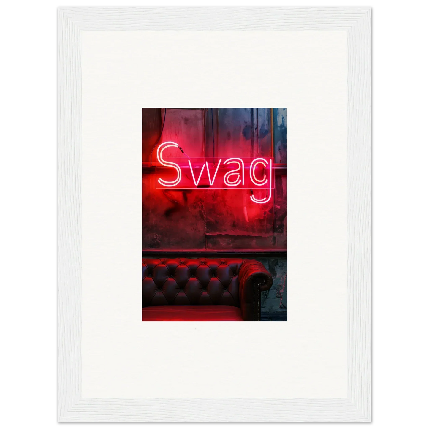 Neon red Swag sign glowing over tufted leather, perfect for room decoration or wall art