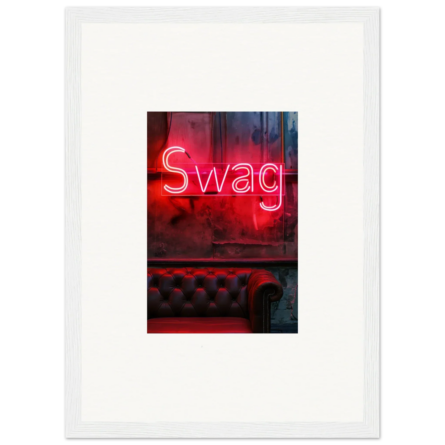 Neon red Swag sign adds flair to tufted leather, perfect for room decoration wall art