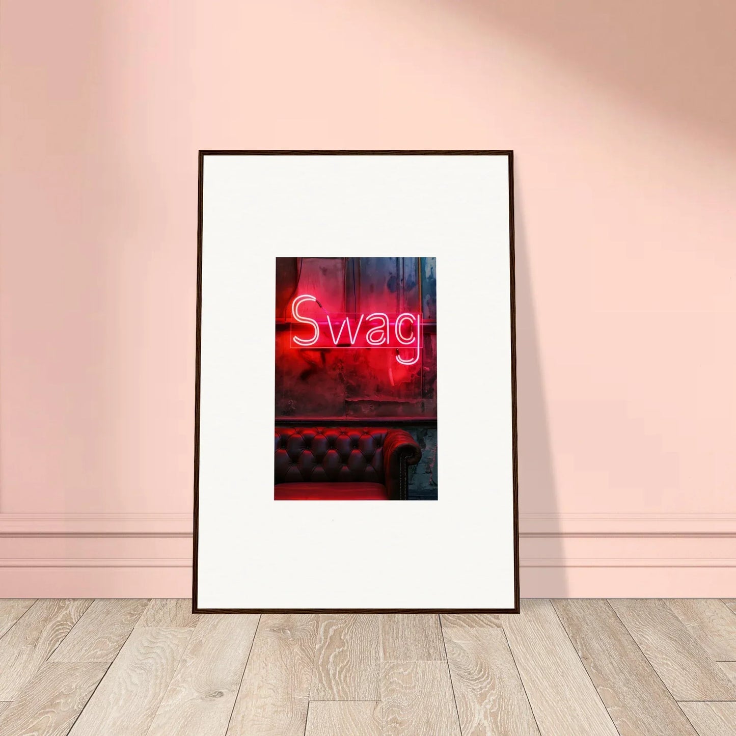 Framed glow of a red Swag sign perfect for room decoration or wall art vibes