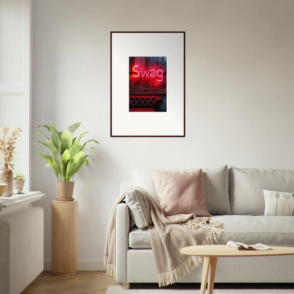 Framed wall art of a red neon Swag sign, perfect for cool room decoration