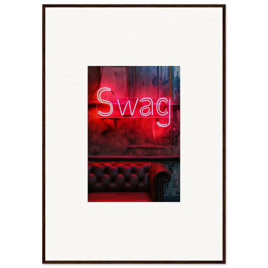 Neon red Swag sign above tufted leather, perfect for room decoration or wall art