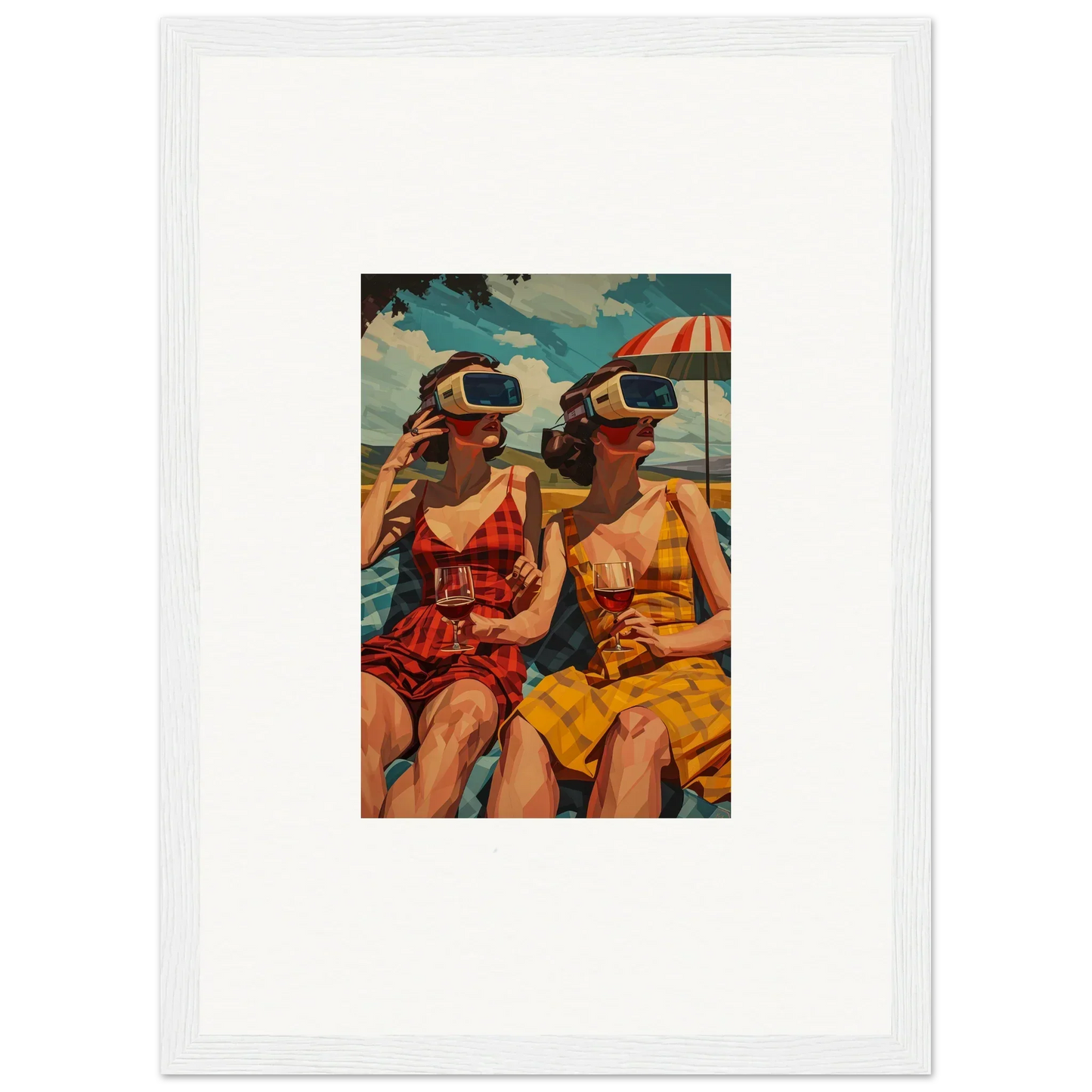 Framed canvas print of two women in swimsuits with VR headsets enjoying morning sunshine