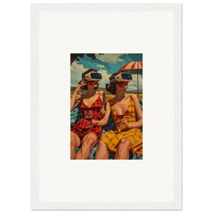 Framed canvas print of two women in swimsuits with VR headsets enjoying morning sunshine