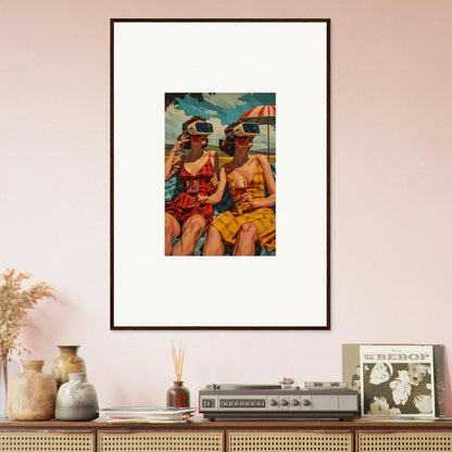 Framed canvas print of two women enjoying morning sunshine at the beach, perfect room decoration